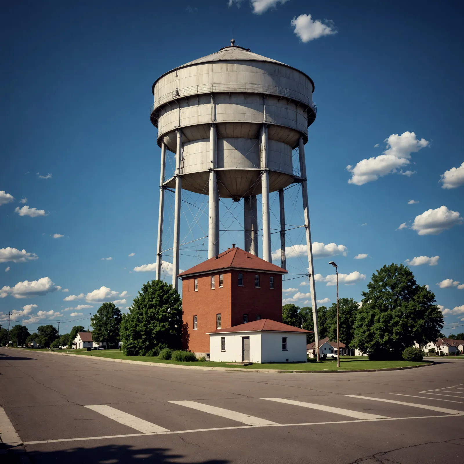 Municipal water tower rising above a small Midwestern town on a clear summer day